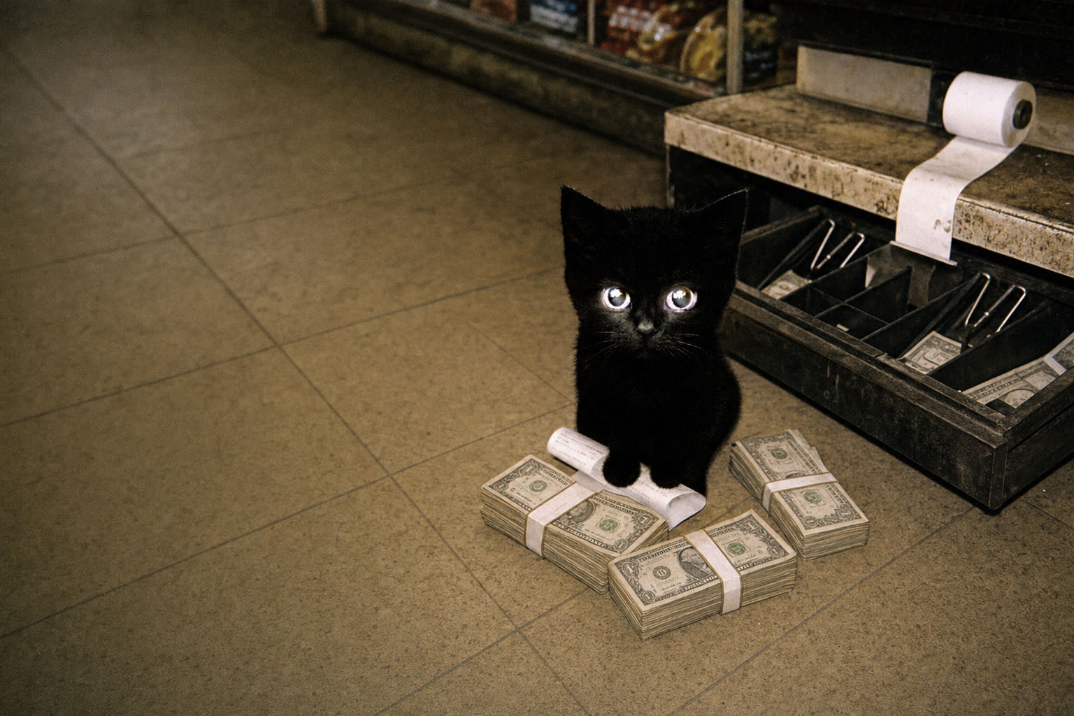 Cash Kitten sitting on banded stacks of dollar bills beside an open cash drawer at night